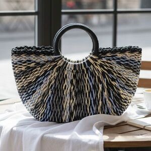 Large Round Top Handle Woven Tote Bag